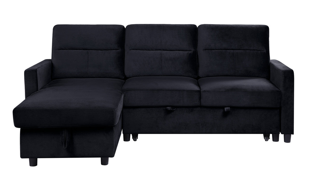 Ivy 81.5" Black Velvet Reversible Sleeper Sectional Sofa With Storage Chaise And Side Pocket Black Velvet