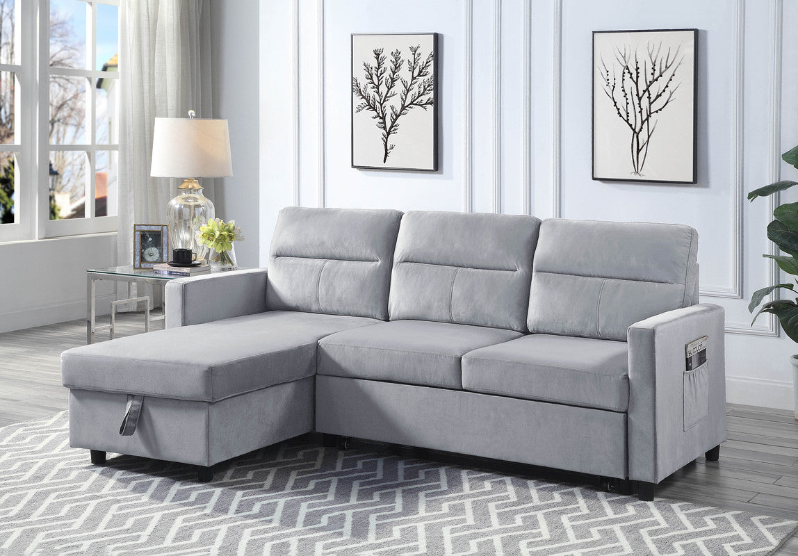 Ruby 81.5" Light Gray Velvet Reversible Sleeper Sectional Sofa With Storage Chaise And Side Pocket Light Gray Velvet