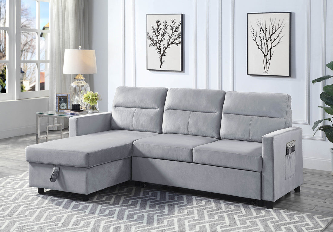 Ivy 81.5" Light Gray Velvet Reversible Sleeper Sectional Sofa With Storage Chaise And Side Pocket Light Gray Velvet