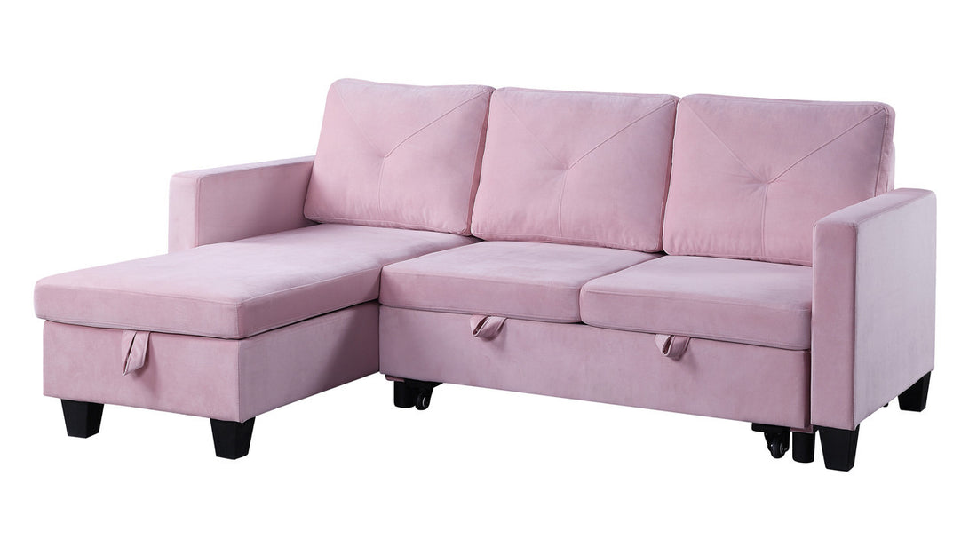 Nova 82.5" Pink Velvet Reversible Sleeper Sectional Sofa With Storage Chaise Pink Velvet