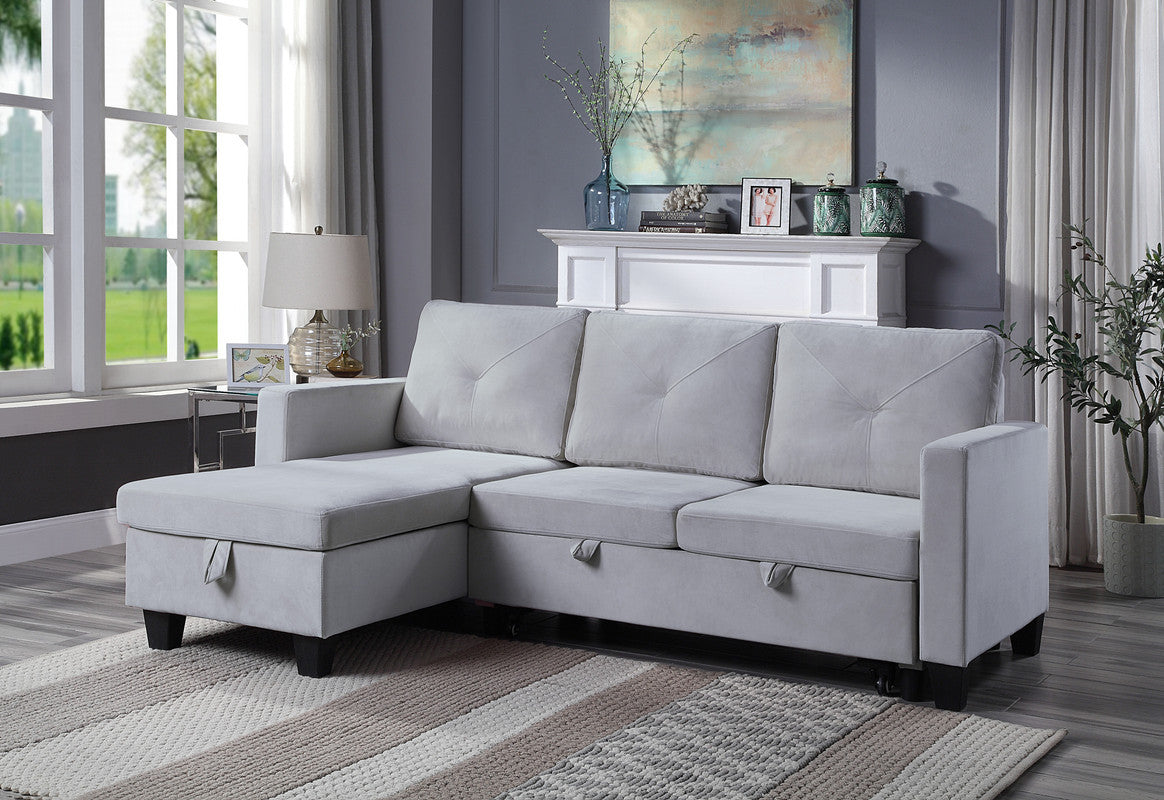 Nova 82.5" Light Gray Velvet Reversible Sleeper Sectional Sofa With Storage Chaise Light Gray Velvet