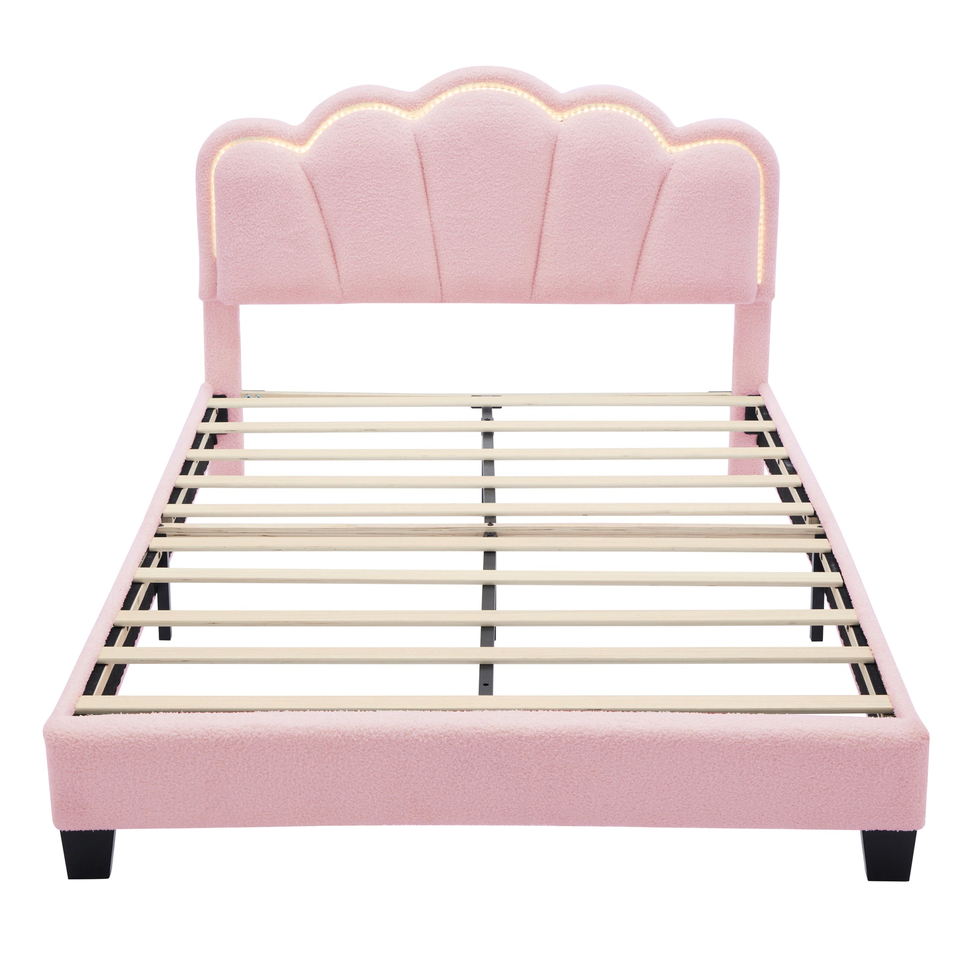 Full Size Upholstered Flower Shape Bed, Elegant Flowers Headboard With Led Light Strip ,Sherpa Fabric Platform Bed With Wooden Slats Support, Pink Full Pink Wood