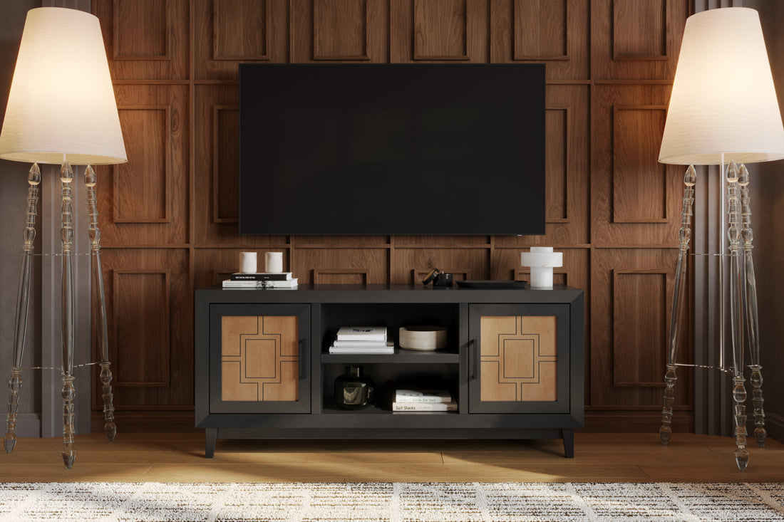 Ventura 65 Inch Tv Stand For Tvs Up To 75 Inches, No Assembly Required, Black And Bourbon Finish Black 70 79 Inches Wood Wood