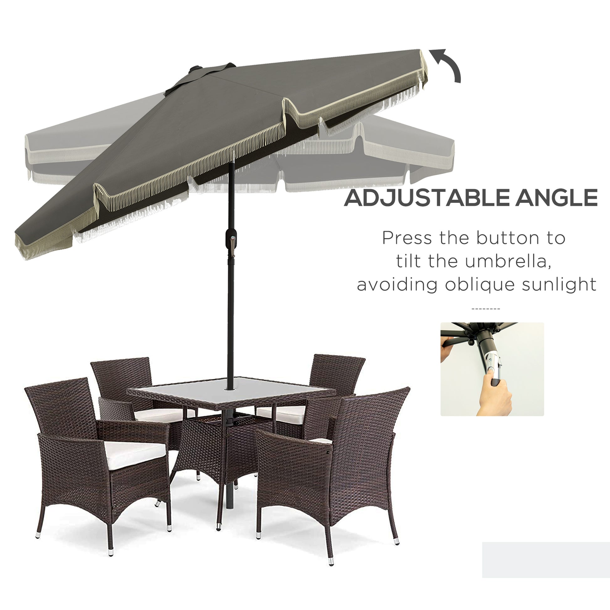 Outsunny 9Ft Patio Umbrella With Push Button Tilt And Crank, Ruffled Outdoor Market Table Umbrella With Tassles And 8 Ribs, For Garden, Deck, Pool, Dark Gray Dark Grey Polyester