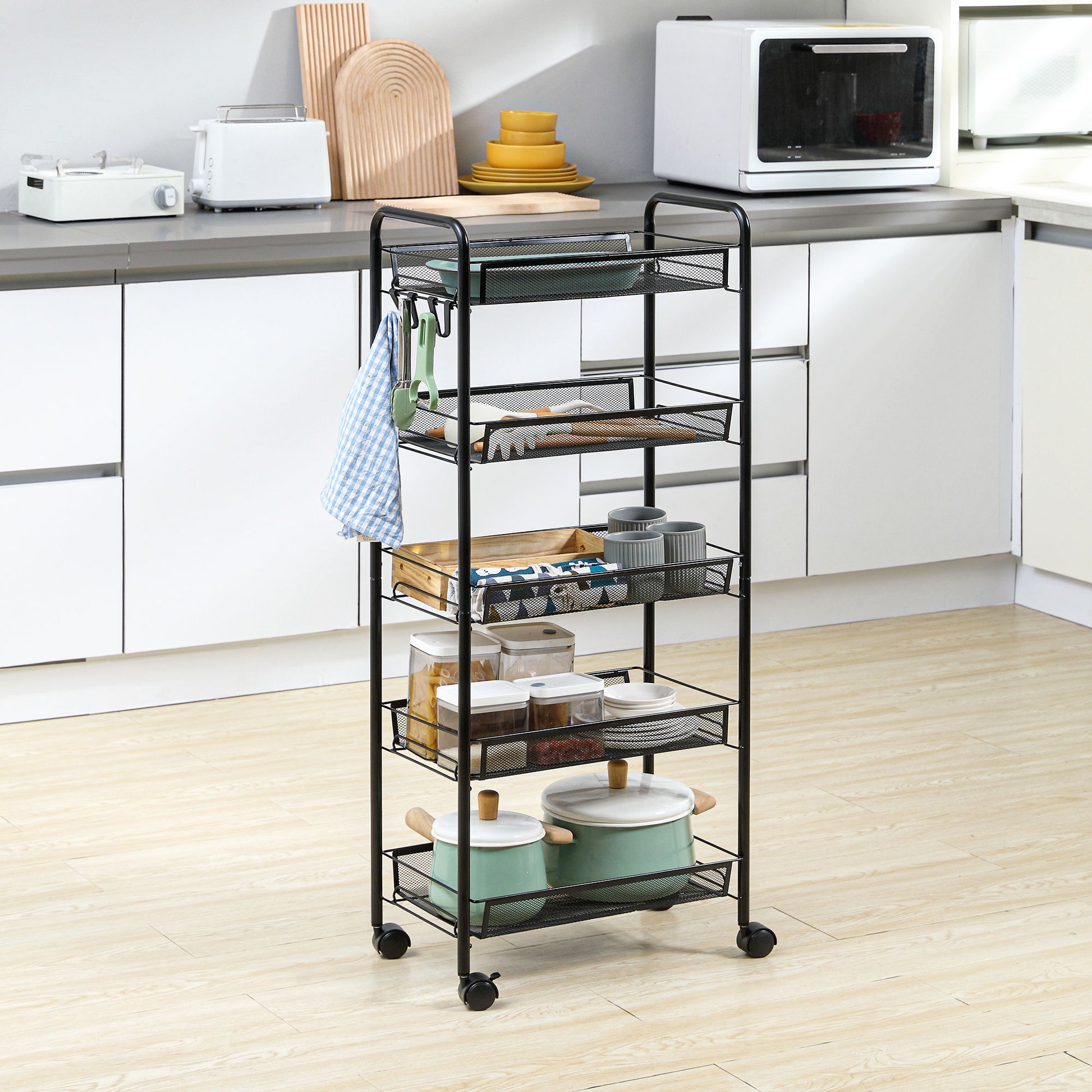 Homcom 5 Tier Utility Rolling Cart, Metal Storage Cart, Kitchen Cart With Removable Mesh Baskets, For Living Room, Laundry, Garage And Bathroom, Black Black Plastic