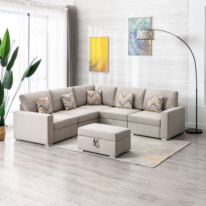 Nolan 95.5" Beige Linen Fabric 6Pc Reversible Sectional Sofa With Pillows, Storage Ottoman, And Interchangeable Legs Beige Linen