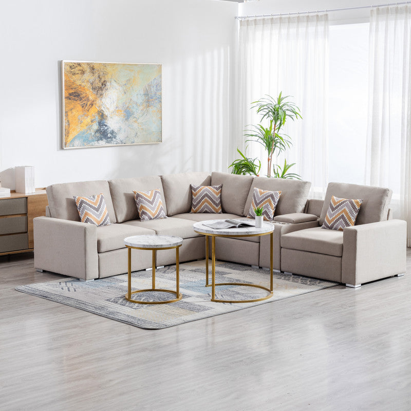 Nolan 106" Beige Linen Fabric 6Pc Reversible Sectional Sofa With A Usb, Charging Ports, Cupholders, Storage Console Table And Pillows And Interchangeable Legs Beige Linen