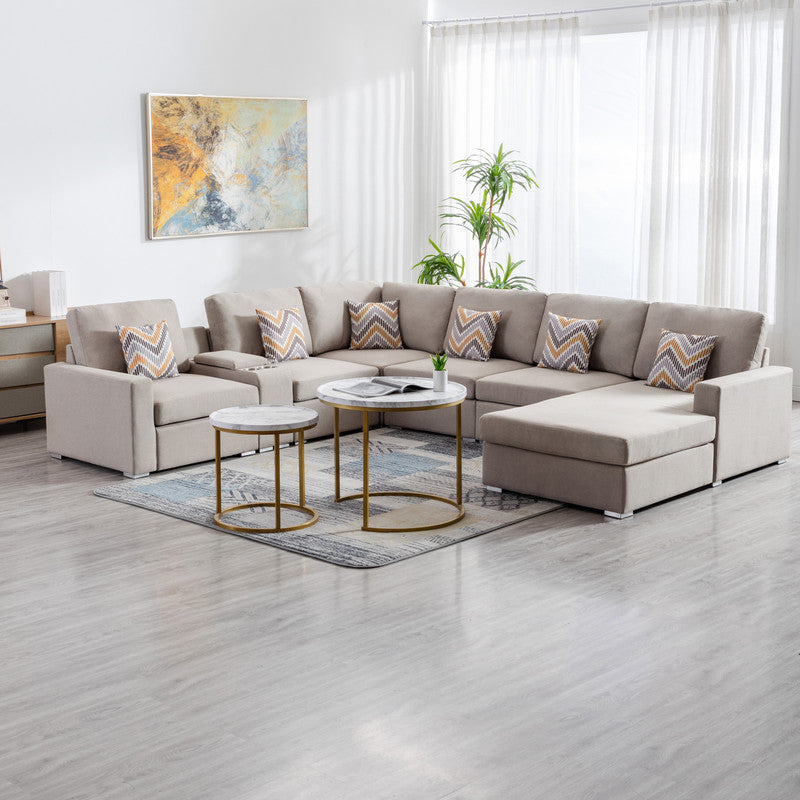 Nolan 124" Beige Linen Fabric 7Pc Reversible Chaise Sectional Sofa With A Usb, Charging Ports, Cupholders, Storage Console Table And Pillows And Interchangeable Legs Beige Linen