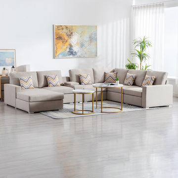 Nolan 135" Beige Linen Fabric 7Pc Reversible Chaise Sectional Sofa With A Usb, Charging Ports, Cupholders, Storage Console Table And Pillows And Interchangeable Legs Beige Linen