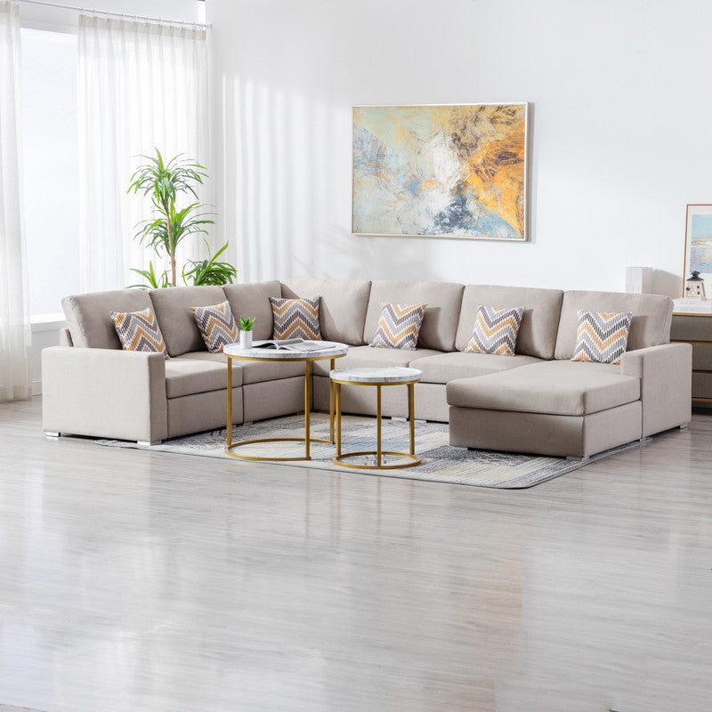 Nolan 124" Beige Linen Fabric 6Pc Reversible Chaise Sectional Sofa With Pillows And Interchangeable Legs Beige Linen