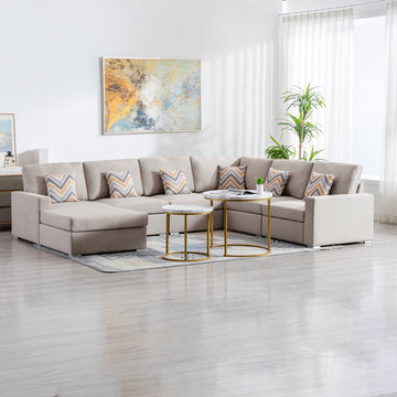 Nolan 124" Beige Linen Fabric 6Pc Reversible Chaise Sectional Sofa With Pillows And Interchangeable Legs Beige Linen