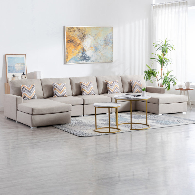 Nolan 152" Beige Linen Fabric 5Pc Double Chaise Sectional Sofa With Pillows And Interchangeable Legs Beige Linen