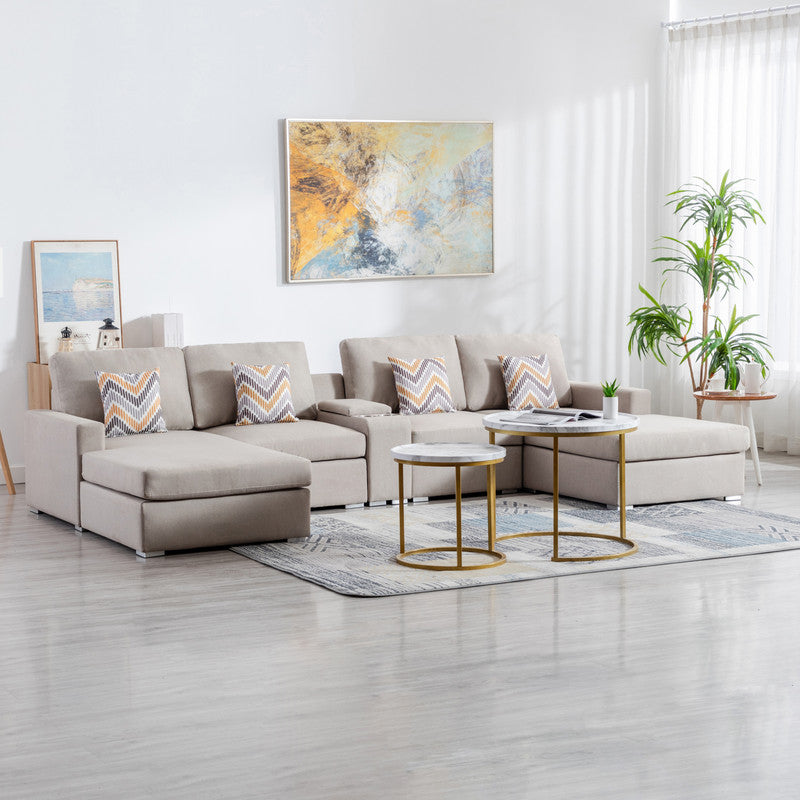 Nolan 135" Beige Linen Fabric 5Pc Double Chaise Sectional Sofa With Interchangeable Legs, A Usb, Charging Ports, Cupholders, Storage Console Table And Pillows Beige Linen