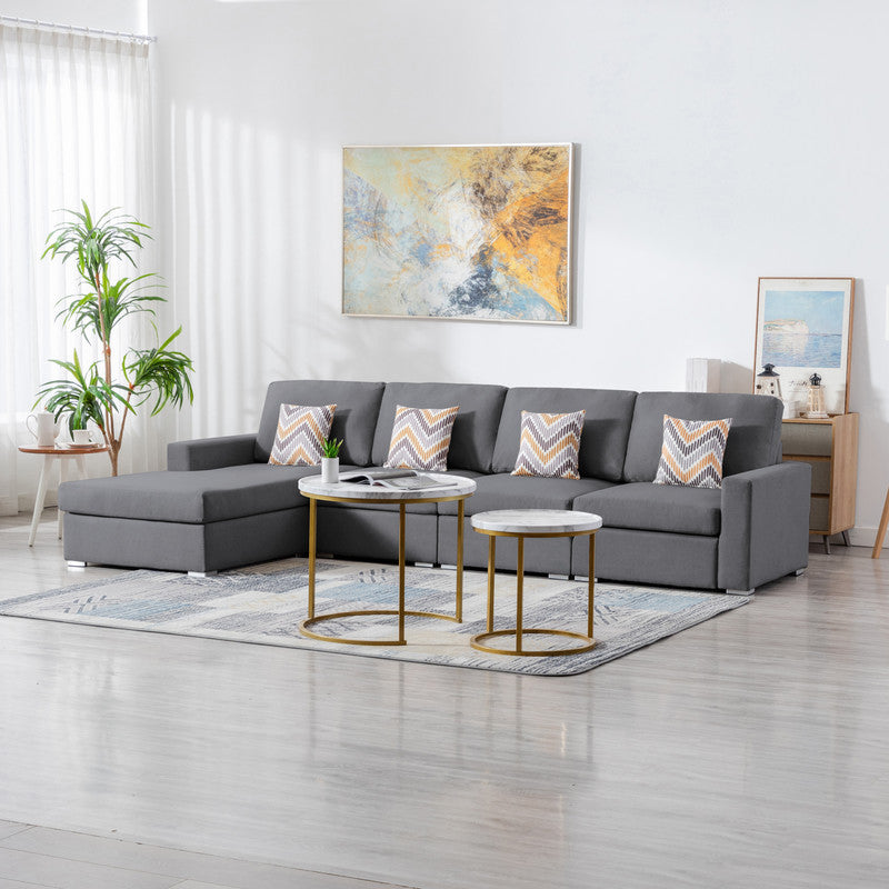 Nolan 124" Gray Linen Fabric 4Pc Reversible Sectional Sofa Chaise With Pillows And Interchangeable Legs Gray Linen