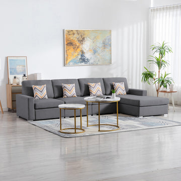 Nolan 124" Gray Linen Fabric 4Pc Reversible Sectional Sofa Chaise With Pillows And Interchangeable Legs Gray Linen