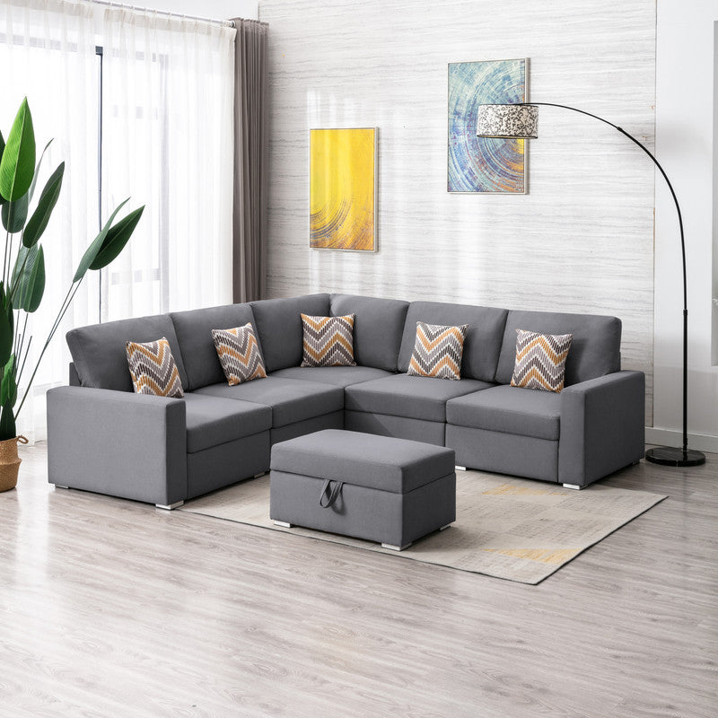 Nolan 95.5" Gray Linen Fabric 6Pc Reversible Sectional Sofa With Pillows, Storage Ottoman, And Interchangeable Legs Gray Linen