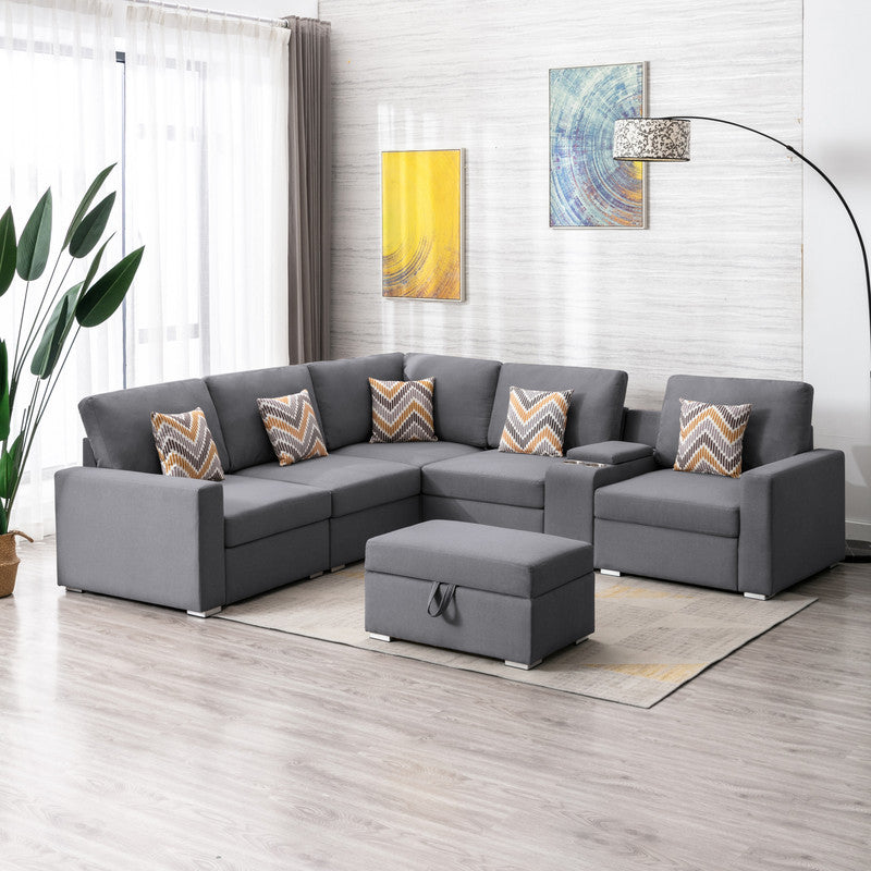 Nolan 106" Gray Linen Fabric 7Pc Reversible Sectional Sofa With Interchangeable Legs, Pillows, Storage Ottoman, And A Usb, Charging Ports, Cupholders, Storage Console Table Gray Linen