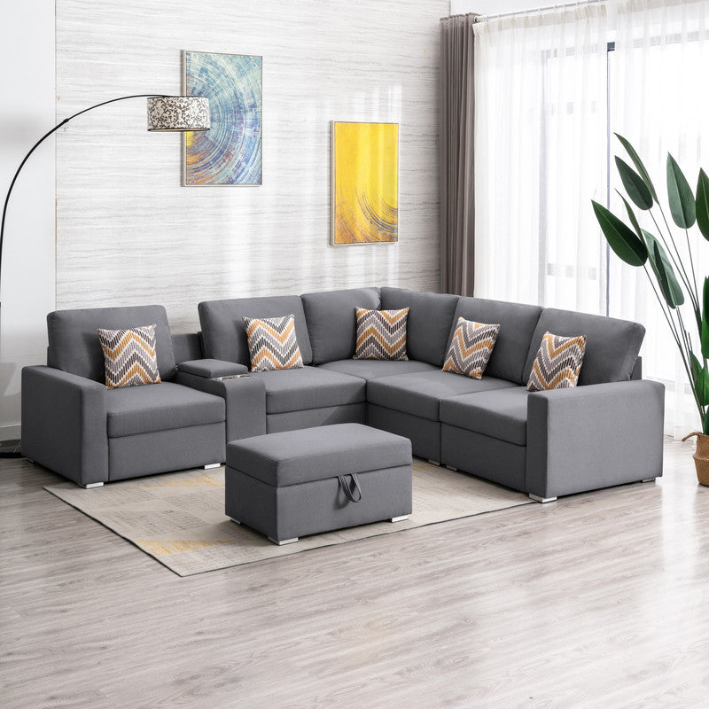 Nolan 106" Gray Linen Fabric 7Pc Reversible Sectional Sofa With Interchangeable Legs, Pillows, Storage Ottoman, And A Usb, Charging Ports, Cupholders, Storage Console Table Gray Linen