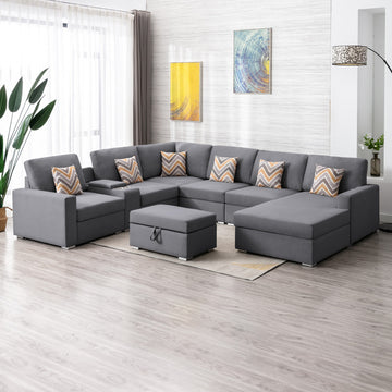 Nolan 124" Gray Linen Fabric 8Pc Reversible Chaise Sectional Sofa With Interchangeable Legs, Pillows, Storage Ottoman, And A Usb, Charging Ports, Cupholders, Storage Console Table Gray Linen