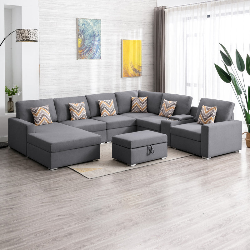 Nolan 124" Gray Linen Fabric 8Pc Reversible Chaise Sectional Sofa With Interchangeable Legs, Pillows, Storage Ottoman, And A Usb, Charging Ports, Cupholders, Storage Console Table Gray Linen