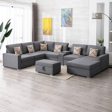 Nolan 135" Gray Linen Fabric 8Pc Reversible Chaise Sectional Sofa With Interchangeable Legs, Pillows, Storage Ottoman, And A Usb, Charging Ports, Cupholders, Storage Console Table Gray Linen