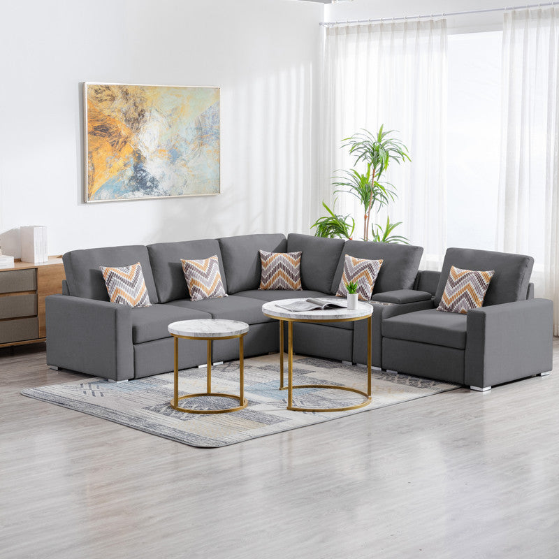 Nolan 106" Gray Linen Fabric 6Pc Reversible Sectional Sofa With A Usb, Charging Ports, Cupholders, Storage Console Table And Pillows And Interchangeable Legs Gray Linen