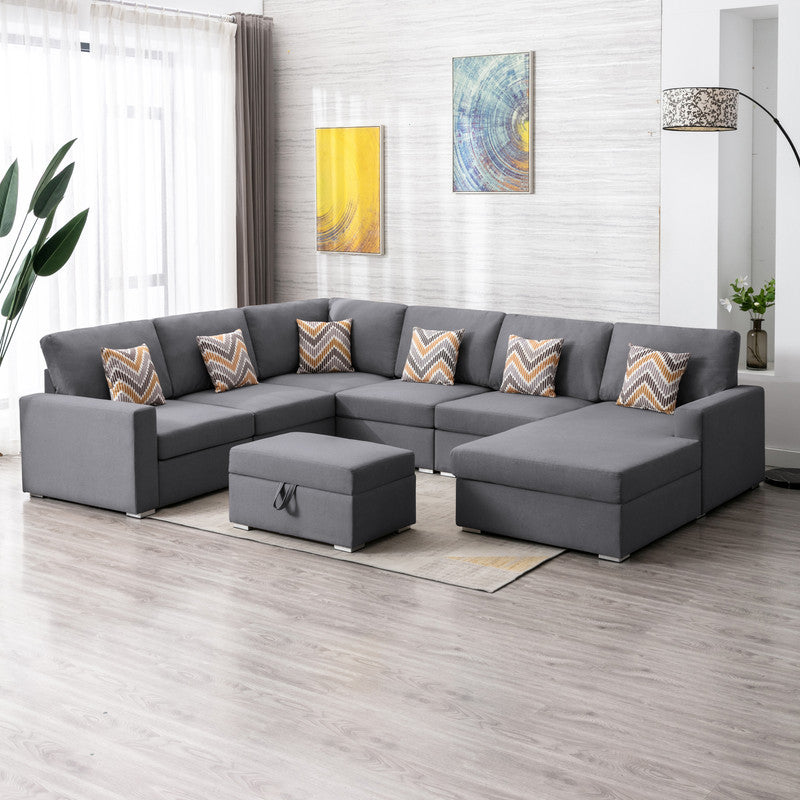 Nolan 124" Gray Linen Fabric 7Pc Reversible Chaise Sectional Sofa With Interchangeable Legs, Pillows And Storage Ottoman Gray Linen