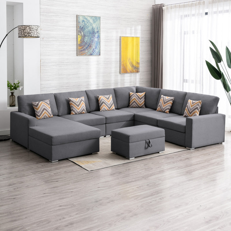 Nolan 124" Gray Linen Fabric 7Pc Reversible Chaise Sectional Sofa With Interchangeable Legs, Pillows And Storage Ottoman Gray Linen