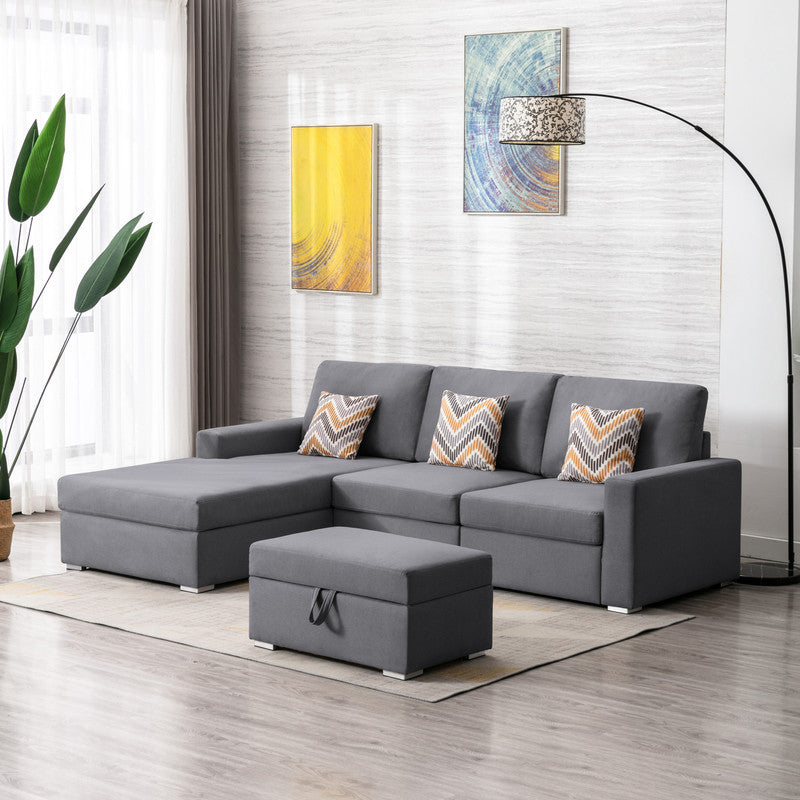 Nolan 95.5" Gray Linen Fabric 4Pc Reversible Sofa Chaise With Interchangeable Legs, Storage Ottoman, And Pillows Gray Linen