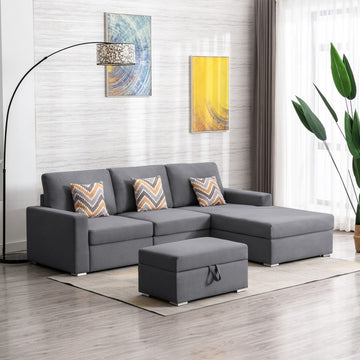 Nolan 95.5" Gray Linen Fabric 4Pc Reversible Sofa Chaise With Interchangeable Legs, Storage Ottoman, And Pillows Gray Linen