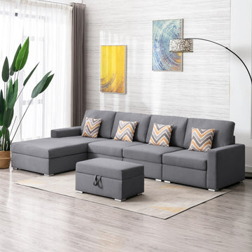 Nolan 124" Gray Linen Fabric 5Pc Reversible Sofa Chaise With Interchangeable Legs, Storage Ottoman, And Pillows Gray Linen