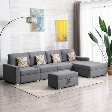 Nolan 124" Gray Linen Fabric 5Pc Reversible Sofa Chaise With Interchangeable Legs, Storage Ottoman, And Pillows Gray Linen