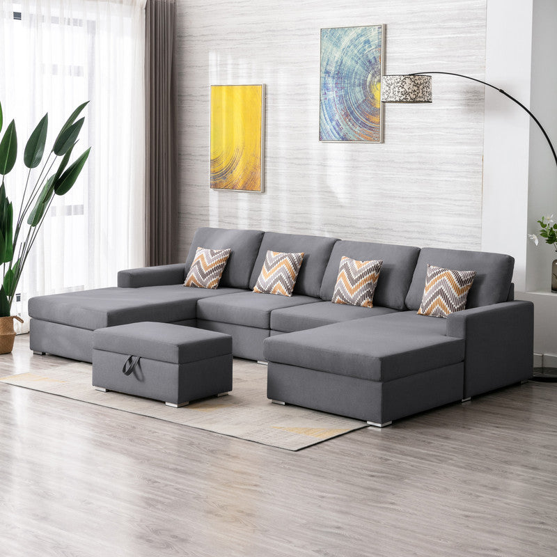 Nolan 124" Gray Linen Fabric 5Pc Double Chaise Sectional Sofa With Interchangeable Legs, Storage Ottoman, And Pillows Gray Linen