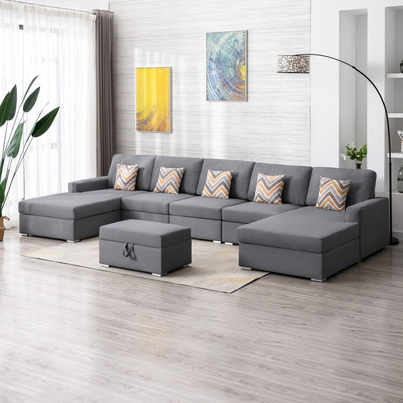 Nolan 152" Gray Linen Fabric 6Pc Double Chaise Sectional Sofa With Interchangeable Legs, Storage Ottoman, And Pillows Gray Linen