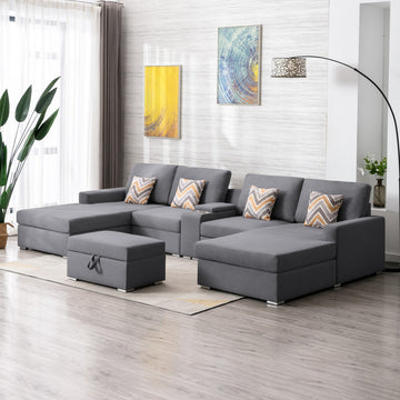 Nolan 135" Gray Linen Fabric 6Pc Double Chaise Sectional Sofa With Interchangeable Legs, Storage Ottoman, Pillows, And A Usb, Charging Ports, Cupholders, Storage Console Table Gray Linen