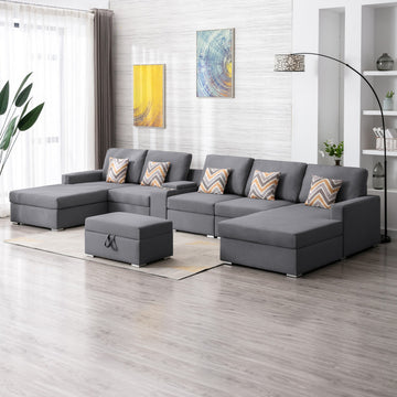 Nolan 163" Gray Linen Fabric 7Pc Double Chaise Sectional Sofa With Interchangeable Legs, Storage Ottoman, Pillows, And A Usb, Charging Ports, Cupholders, Storage Console Table Gray Linen