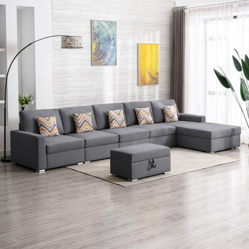 Nolan 152" Gray Linen Fabric 6Pc Reversible Sectional Sofa Chaise With Interchangeable Legs, Pillows And Storage Ottoman Gray Linen