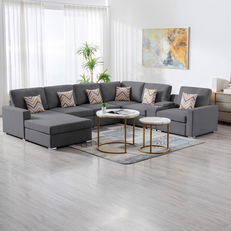 Nolan 124" Gray Linen Fabric 7Pc Reversible Chaise Sectional Sofa With A Usb, Charging Ports, Cupholders, Storage Console Table And Pillows And Interchangeable Legs Gray Linen