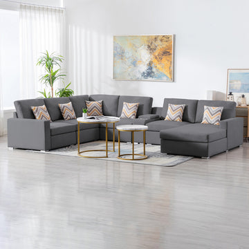 Nolan 135" Gray Linen Fabric 7Pc Reversible Chaise Sectional Sofa With A Usb, Charging Ports, Cupholders, Storage Console Table And Pillows And Interchangeable Legs Gray Linen