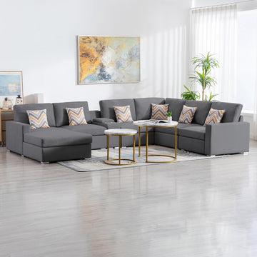 Nolan 135" Gray Linen Fabric 7Pc Reversible Chaise Sectional Sofa With A Usb, Charging Ports, Cupholders, Storage Console Table And Pillows And Interchangeable Legs Gray Linen