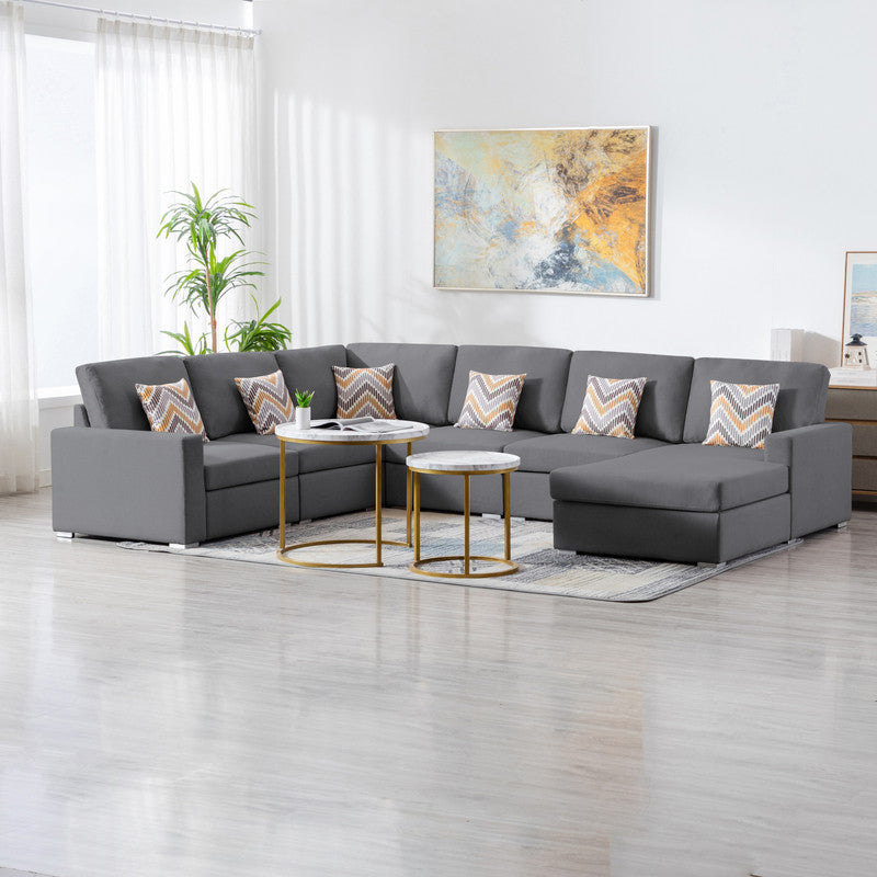 Nolan 124" Gray Linen Fabric 6Pc Reversible Chaise Sectional Sofa With Pillows And Interchangeable Legs Gray Linen