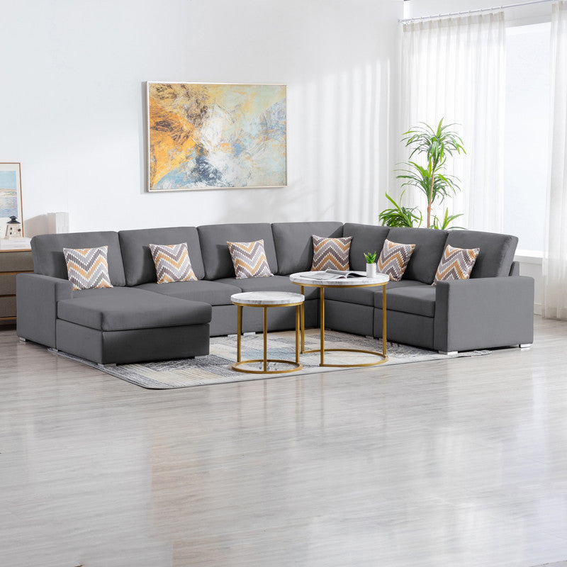 Nolan 124" Gray Linen Fabric 6Pc Reversible Chaise Sectional Sofa With Pillows And Interchangeable Legs Gray Linen