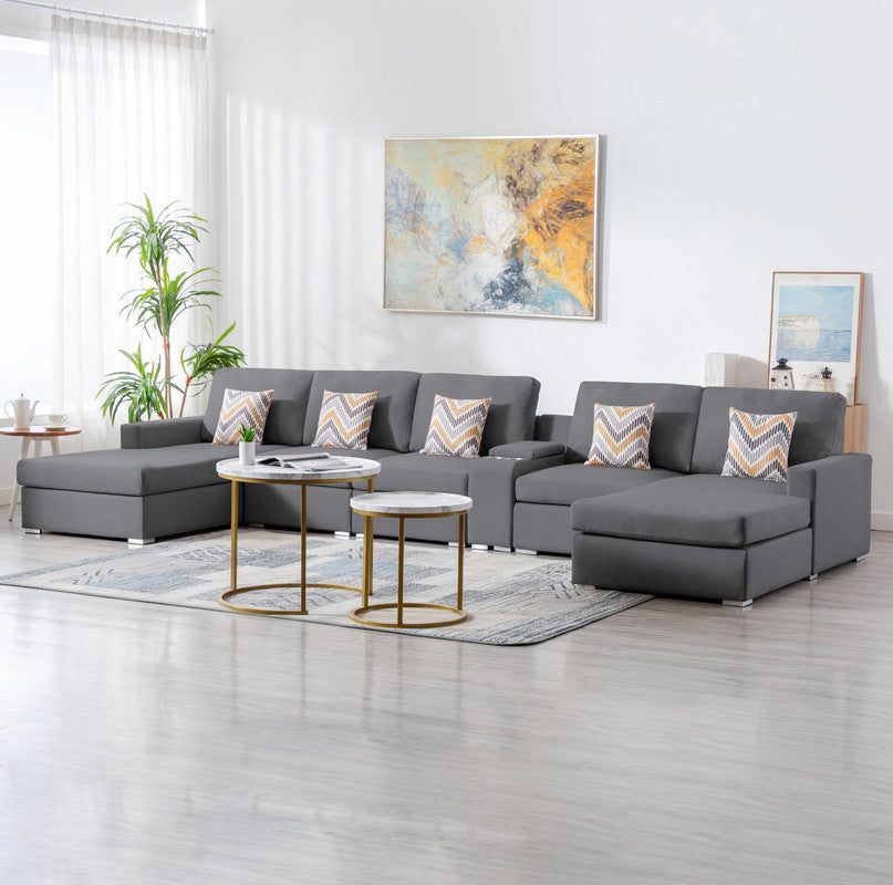 Nolan 163" Gray Linen Fabric 6Pc Double Chaise Sectional Sofa With Interchangeable Legs, A Usb, Charging Ports, Cupholders, Storage Console Table And Pillows Gray Linen