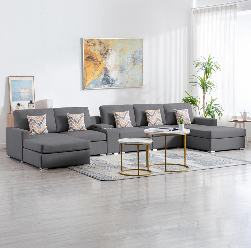 Nolan 163" Gray Linen Fabric 6Pc Double Chaise Sectional Sofa With Interchangeable Legs, A Usb, Charging Ports, Cupholders, Storage Console Table And Pillows Gray Linen