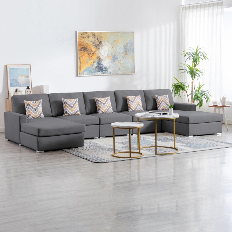 Nolan 152" Gray Linen Fabric 5Pc Double Chaise Sectional Sofa With Pillows And Interchangeable Legs Gray Linen