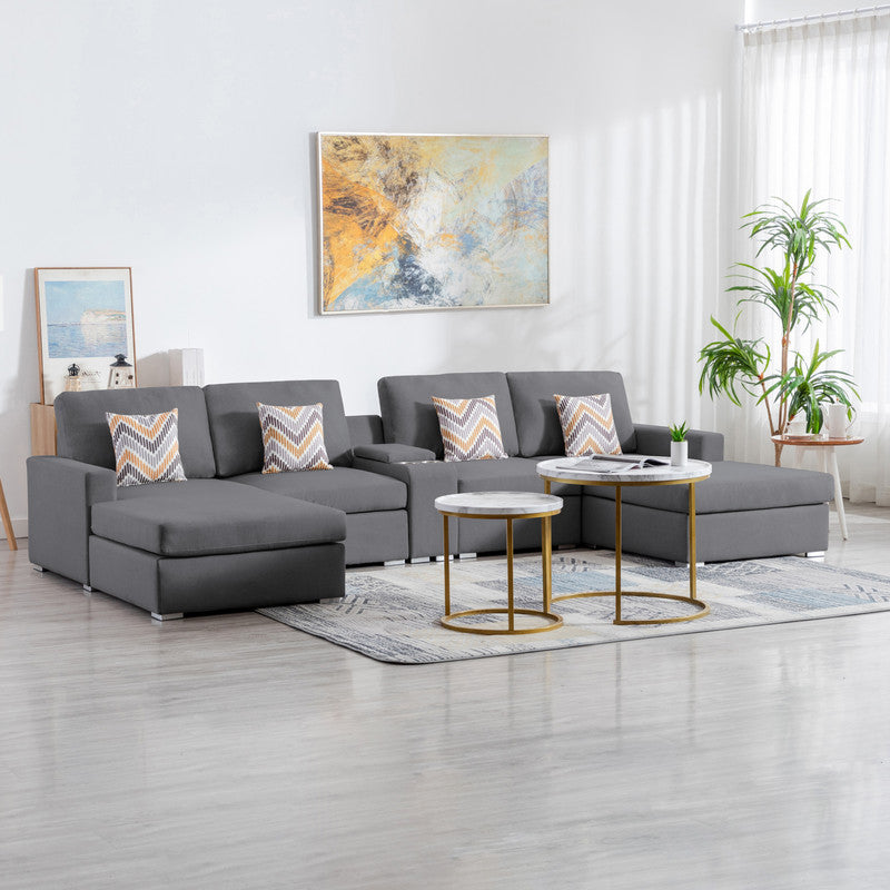 Nolan 135" Gray Linen Fabric 5Pc Double Chaise Sectional Sofa With Interchangeable Legs, A Usb, Charging Ports, Cupholders, Storage Console Table And Pillows Gray Linen