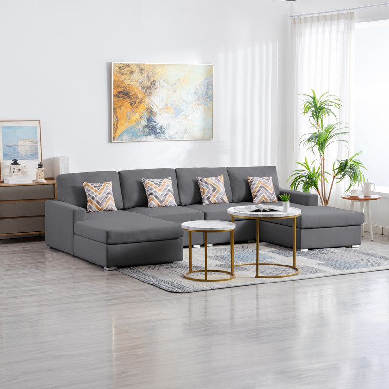 Nolan 124" Gray Linen Fabric 4Pc Double Chaise Sectional Sofa With Pillows And Interchangeable Legs Gray Linen