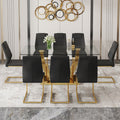 Table And Chair Set.Modern Rectangular Dining Table With Transparent Tempered Glass Tabletop And Gold Plated Metal Legs.Paried With 8 Comfortable Chairs With Pu Seats And Golden Metal Legs. Black Gold,Transparent Seats 8 Glass Metal