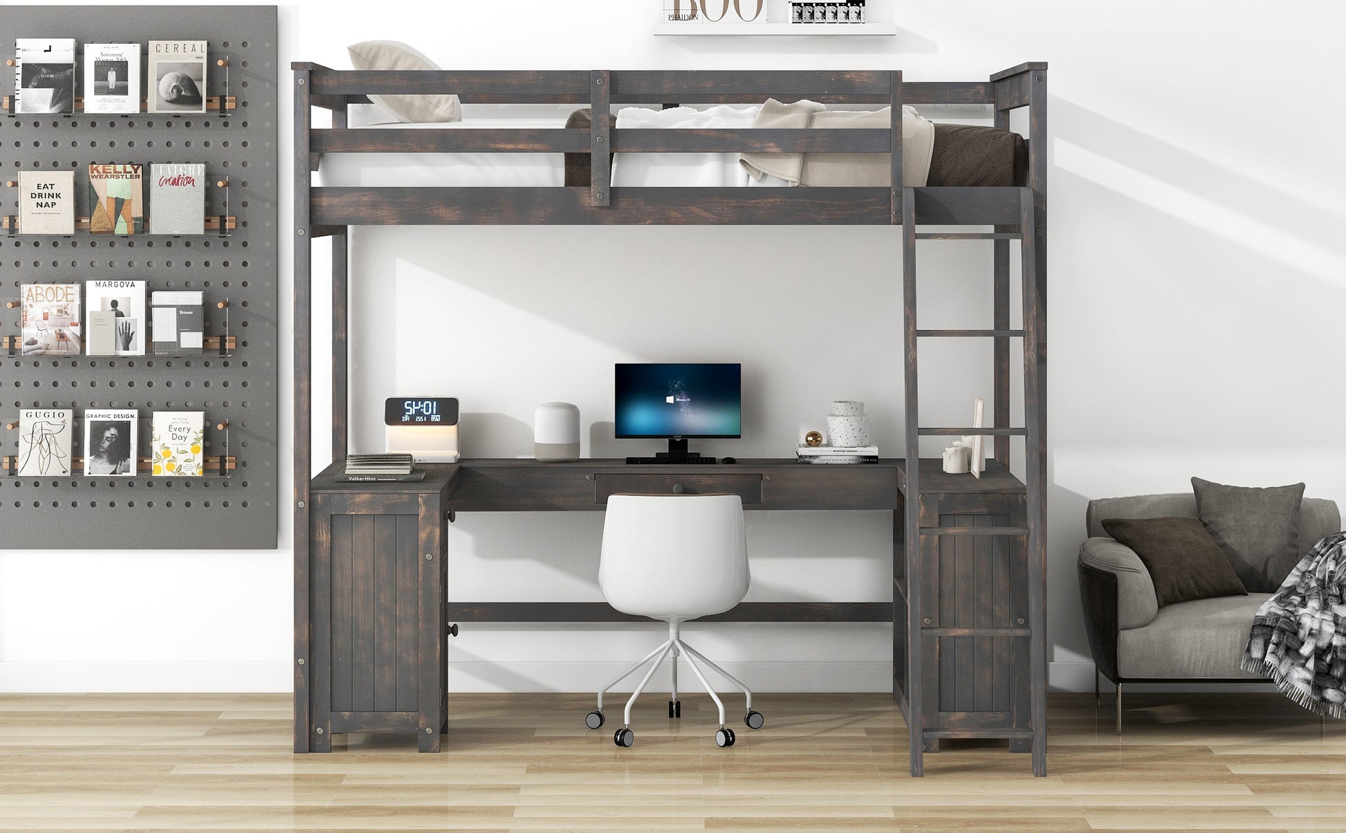 Twin Size Loft Bed With U Shaped Desk, Drawers And Storage Shelves, Antique Brown Box Spring Not Required Twin Antique Brown Wood Bedroom Solid Wood Mdf