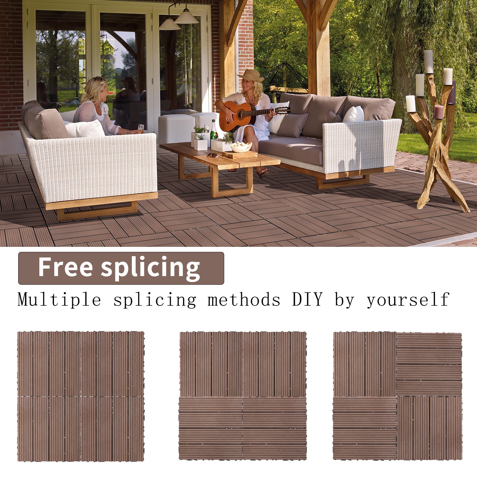 Wood Plastic Composite Deck Tiles Set Of 20, Sustainable Fsc Composite Decking Resist Rust, Water, Weather, Easy To Diy & Maintain, Ideal For Patios, Balconies, Rooftops, Coffee Color Coffee Wood Plastic